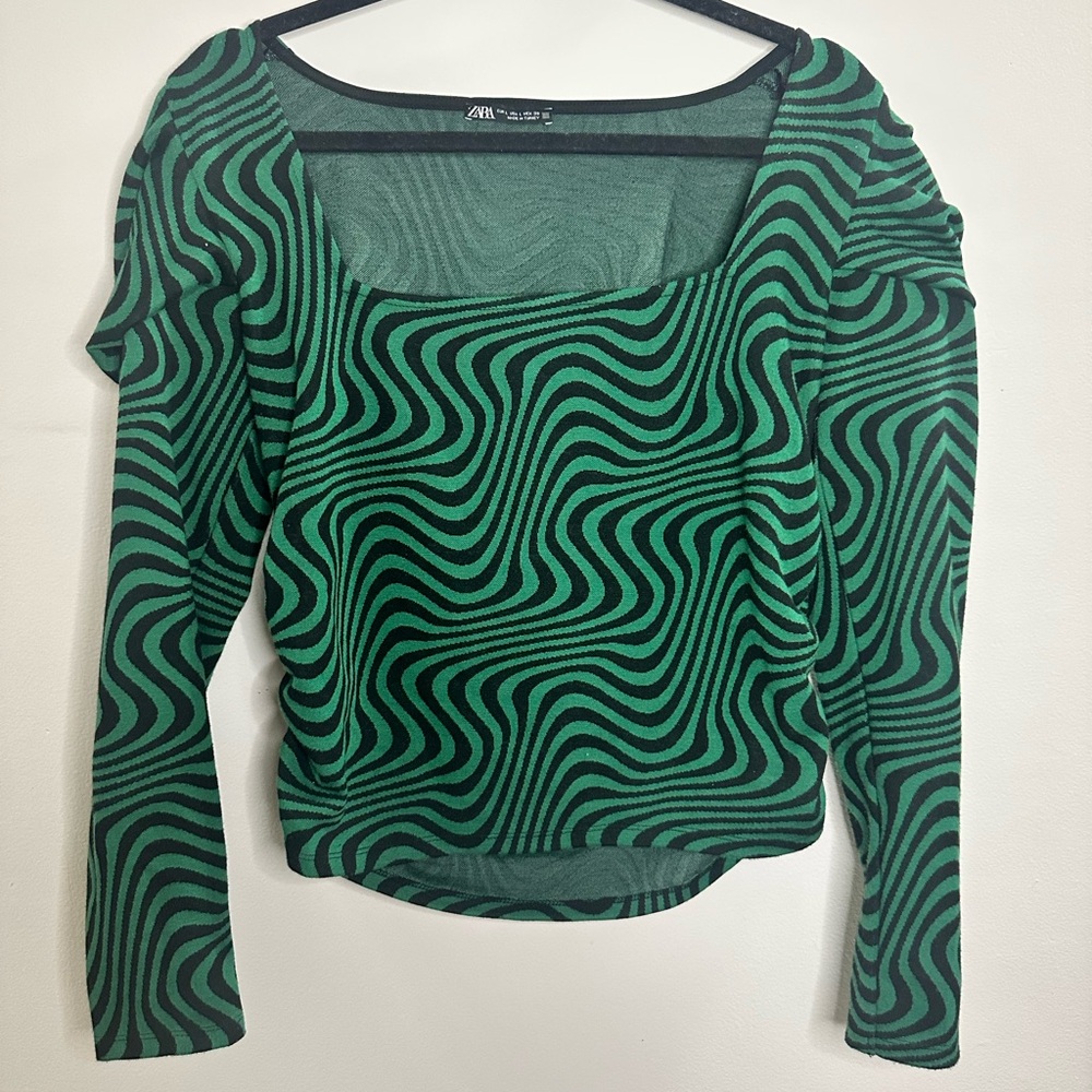 Zara Black and Green Swirl Pattern Blouse